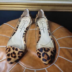 Jessica Simpson Calf Fur Leopard Print PVC Upper Flats